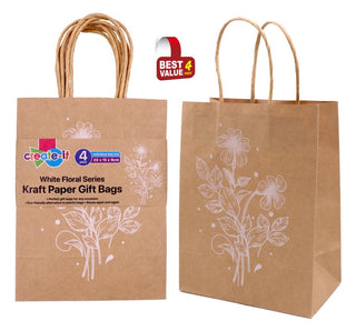 Craft Gift Bags - White Floral Series - 20CM x 15CM x 9CM - 4PK
