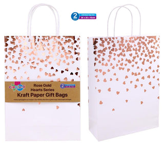 Craft Gift Bags (White) - Rose Gold Heart Series - 35CM x 25CM x 10CM - 2PK